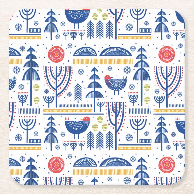 Volkskunst-Winter-Vogel-Muster Rechteckiger Pappuntersetzer (Vorderseite)
