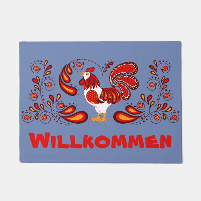 Volkskunsthahn Willkommen/Willkommen Fußmatte (Vorderseite)