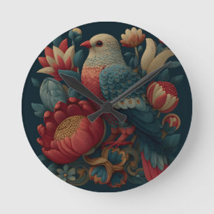 Volkskunstillustration eines Vogels inmitten üppig Runde Wanduhr