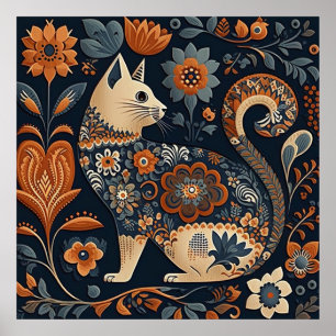 Volkskunstkatze mit orangefarbenen und blauen Blum Poster