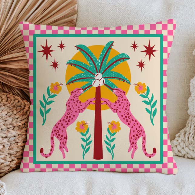 Volkslied Leopard mit Palmenbaum Karo-BOHO  Kissen (Von Creator hochgeladen)