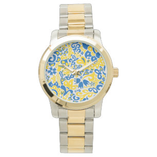 Volksmuster in den Farben der ukrainischen Flagge Armbanduhr