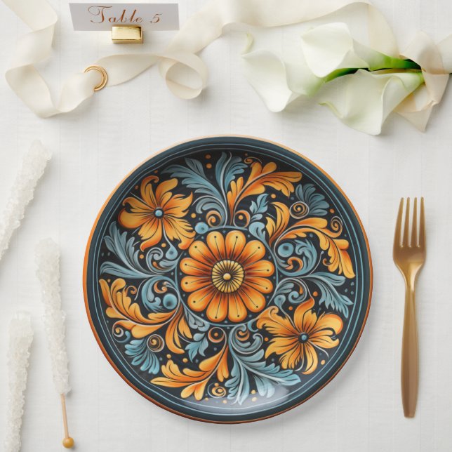 Volkstafotterie Inspiriert Gelb, Rost, Marine Pappteller (Hochzeit)