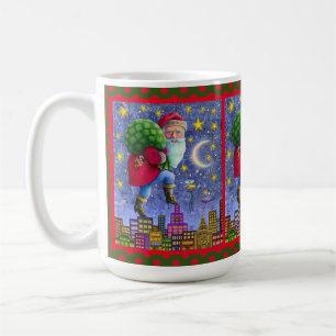 VOLKSTÜMLICHER WEIHNACHTSMANN SCHLEICHT ÜBER DÄCHE KAFFEETASSE