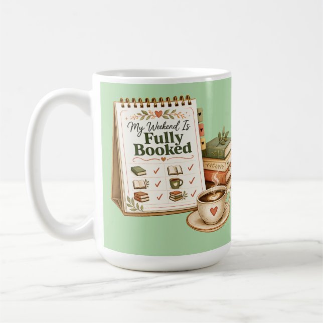 Voll gebuchtes Wochenend-Leser-Mug Kaffeetasse (Links)