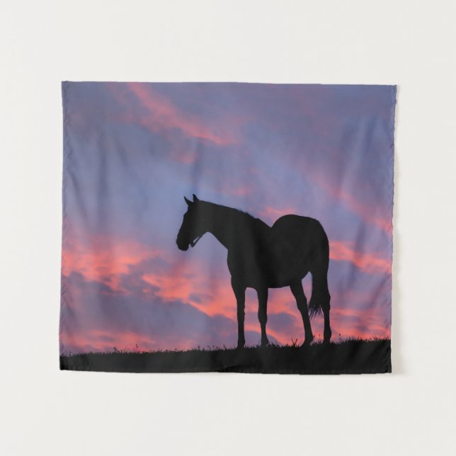 Vollblut Pferd Silhouette bei Sonnenaufgang Wandteppich (Vorderseite (Horizontal))