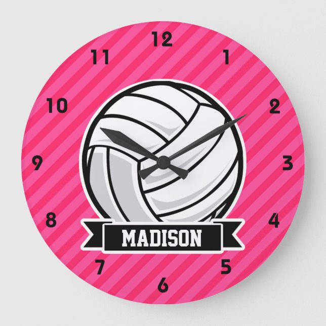 Volleyball auf Neon Pink Streifen Große Wanduhr (Vorderseite)