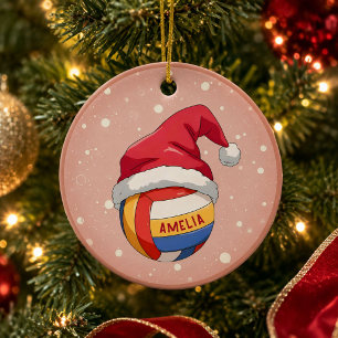 Volleyball Ball mit roter Santa-Mütze Name Weihnac Keramik Ornament
