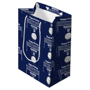 Volleyball Ball & Net Navy Blue Geburtstagsnamenal Mittlere Geschenktüte