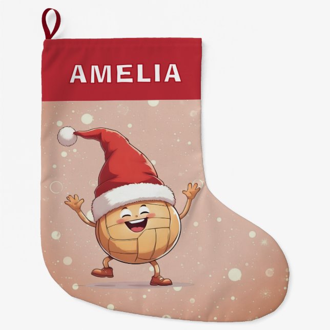 Volleyball Ball Red Santa Hat Name Großer Weihnachtsstrumpf (Vorderseite)