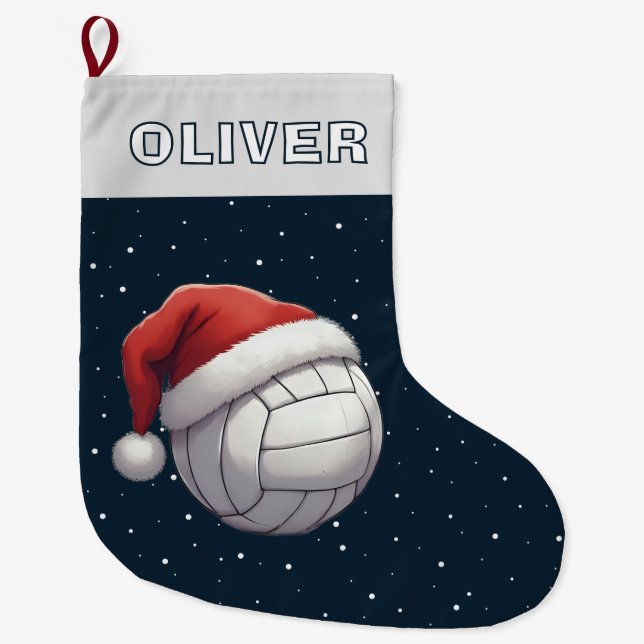 Volleyball Ball Red Santa Hat Name Großer Weihnachtsstrumpf (Vorderseite)