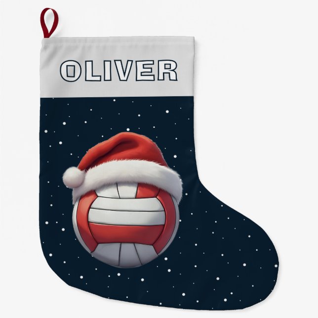 Volleyball Ball Red Santa Hat Name Großer Weihnachtsstrumpf (Vorderseite)