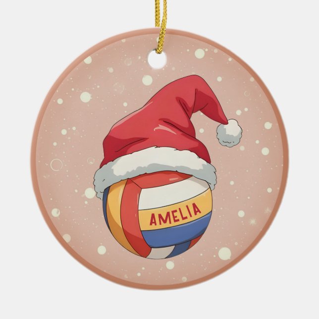 Volleyball Ball with Red Santa Hat Name Christmas Keramik Ornament (Vorne)