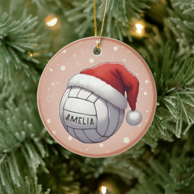 Volleyball Ball with Red Santa Hat Name Christmas Keramik Ornament (Baum)