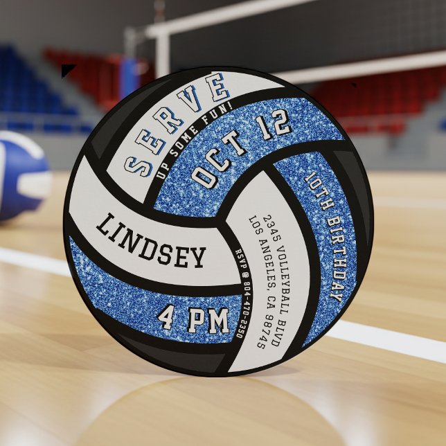 Volleyball Birthday Party Blue Glitzer Einladung (Von Creator hochgeladen)