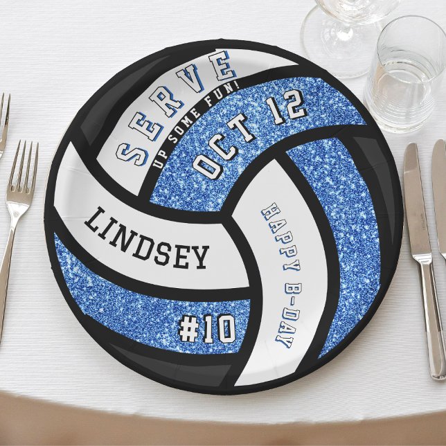 Volleyball Birthday Party Blue Glitzer Pappteller (Volleyball Birthday Party Blue Glitter Paper Plates
)
