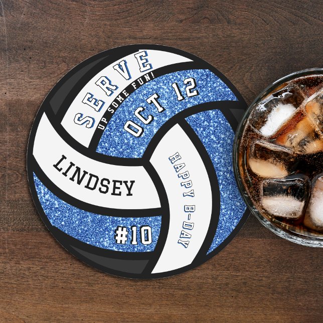 Volleyball Birthday Party Blue Glitzer Runder Pappuntersetzer (Volleyball Birthday Party Blue Glitter Round Paper Coaster
)