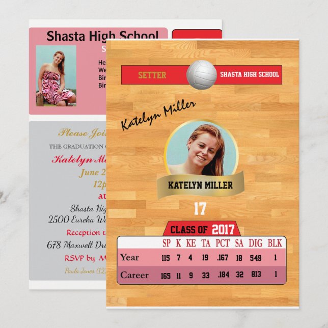 Volleyball Card W/ Stats Grad Einladungen - rot (Vorne/Hinten)