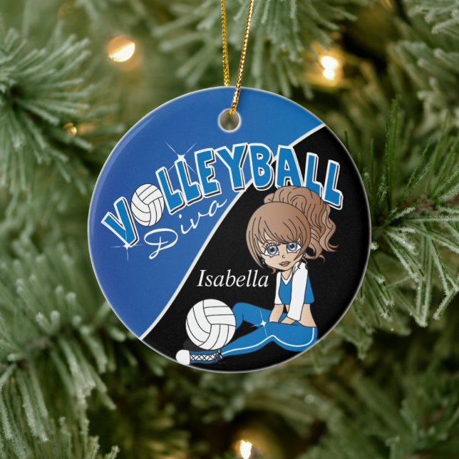 Volleyball Diva Girl Player in Blue Keramik Ornament (Baum)
