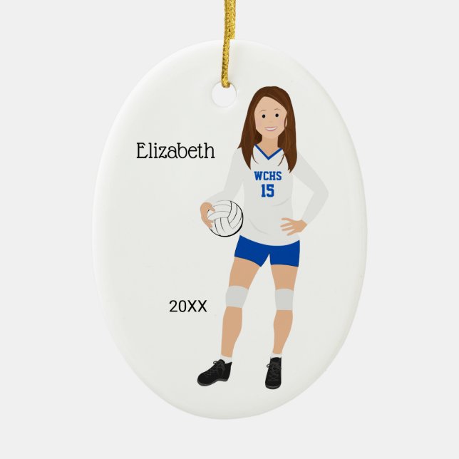 Volleyball Girl Brünett Blue & White Keramik Ornament (Vorne)