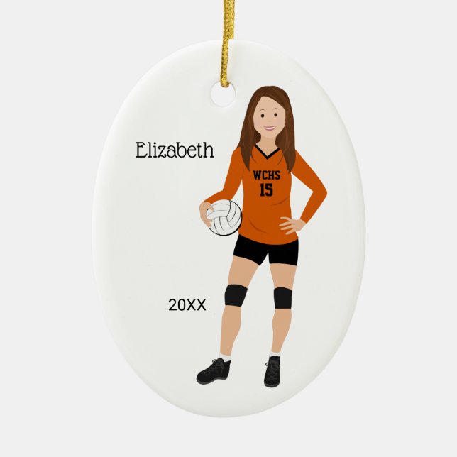 Volleyball Girl Brünett Orange & Black Keramik Ornament (Vorne)