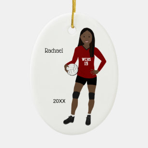 Volleyball Girl Long Black Hair Red & Black Keramik Ornament