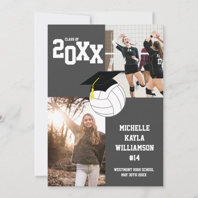 Volleyball Graduation Sports Grey Announcement Einladung (Vorderseite)