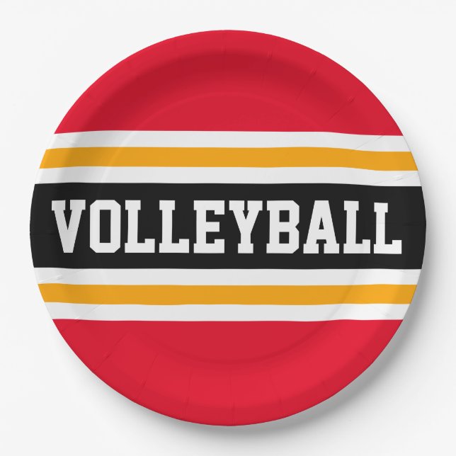 VOLLEYBALL Hellrot Schwarz Orange Rennstreifen  Pappteller (Vorderseite)