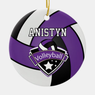 Volleyball in Lila, weiß und schwarz personalisier Keramik Ornament