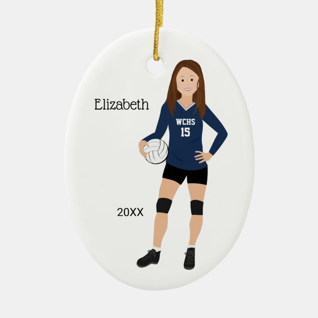 Volleyball-Mädchen-brünettes dunkelblaues u. Keramik Ornament (Vorne)
