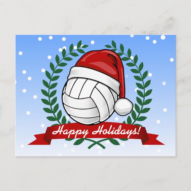 Volleyball mit einem Weihnachtshut Custom Feiertagspostkarte (Vorderseite)