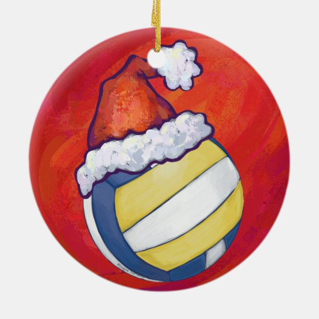 Volleyball mit Weihnachtshut Keramik Ornament (Hinten)