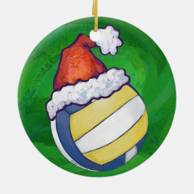 Volleyball mit Weihnachtshut Keramik Ornament (Hinten)