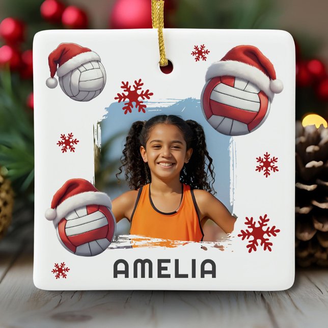 Volleyball Santa Hat Name Photo Christmas  Keramikornament (Von Creator hochgeladen)