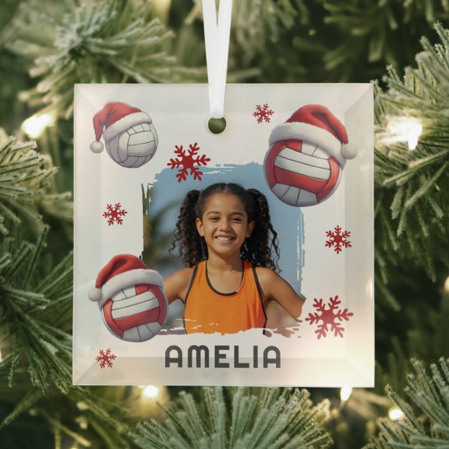 Volleyball Santa Hat Name Photo Christmas  Ornament Aus Glas (Insitu)