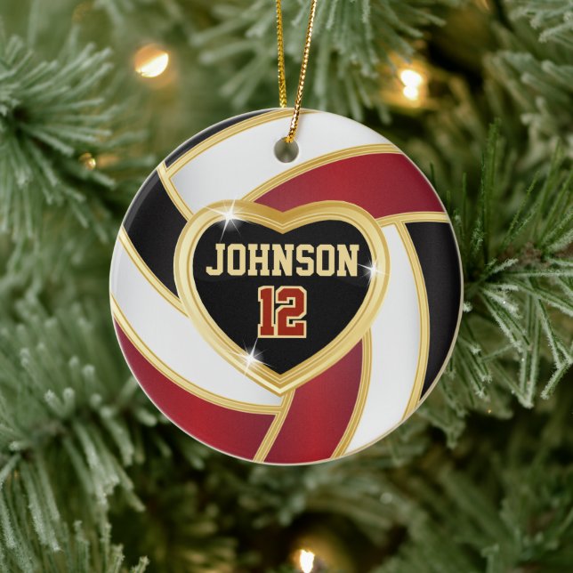 Volleyball 🏐 Schwarz, Weiß und Maroon Red Keramik Ornament (Baum)