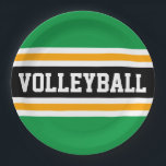 VOLLEYBALL Spaß Hellgrüne, schwarz-gelbe Streifen Pappteller<br><div class="desc">Dieses sportliche Design zeichnet sich durch feinen VOLLEYBALL-Text in einem breiten schwarzen,  horizontalen Mitte-Rennstreifen aus,  der mit schwebenden weißen und goldgelben Streifen gegen leuchtend grüne Außenstreifen hervorgehoben wurde. Der Text kann personalisiert sein.</div>