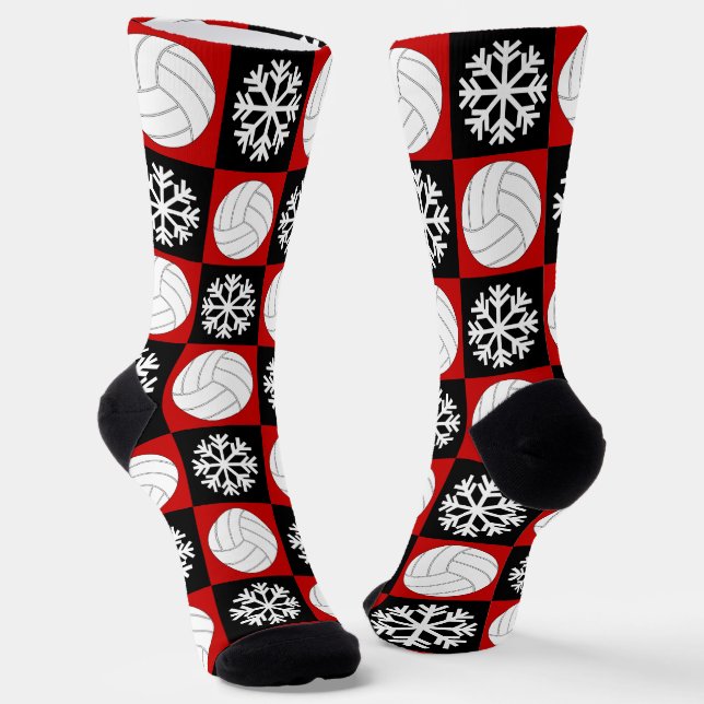 Volleyball Spieler Rot und Schwarzes Weihnachtsmus Socken (Gewinkelt)