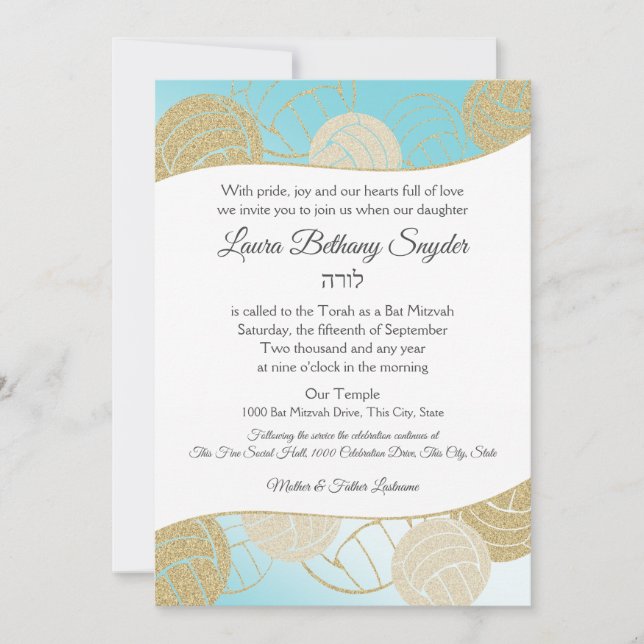 Volleyball Sportboot Mitzvah Blue und Gold Einladung (Vorderseite)