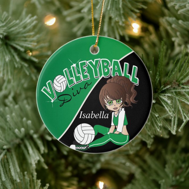 Volleyball Sporty Diva Girl in Dark Green Keramik Ornament (Baum)