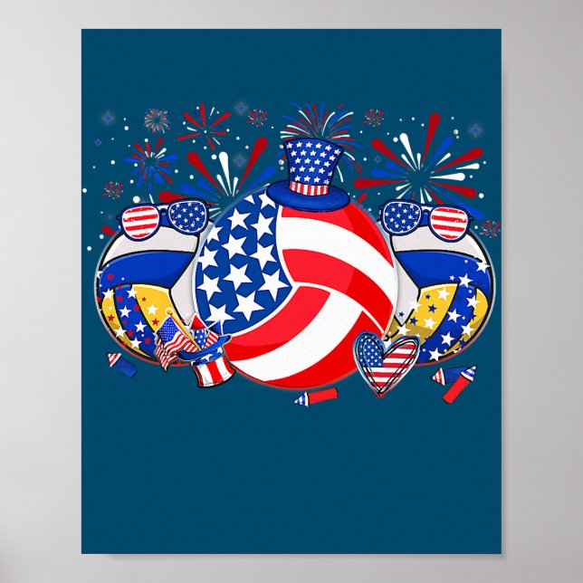Volleyball USA Flag Hat Fireworks Patriotic 4th Poster (Vorne)