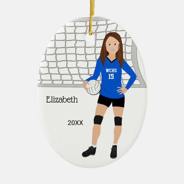Volleyball Weibchen Brünett Blau & Schwarz Keramik Ornament (Vorne)