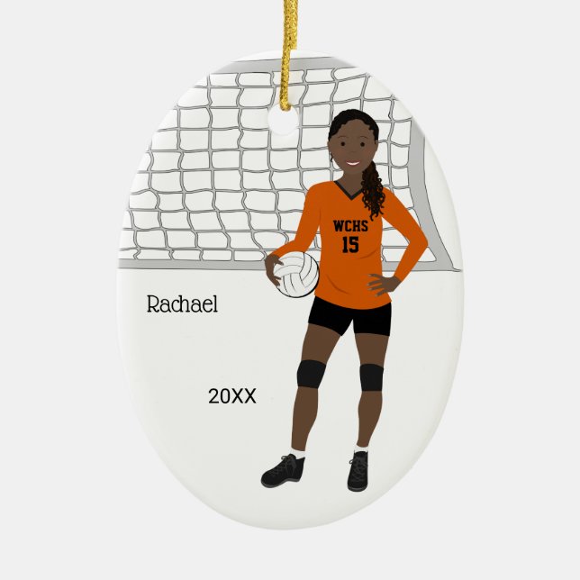 Volleyball Weiblich Schwarzes Haar Orange & Schwar Keramik Ornament (Vorne)