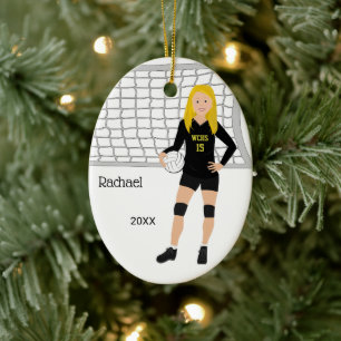 Volleyball Weibliche Blond Hair in Schwarz und Gol Keramik Ornament