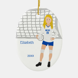 Volleyball Weibliche Blonde Blau & Weiß Keramik Ornament