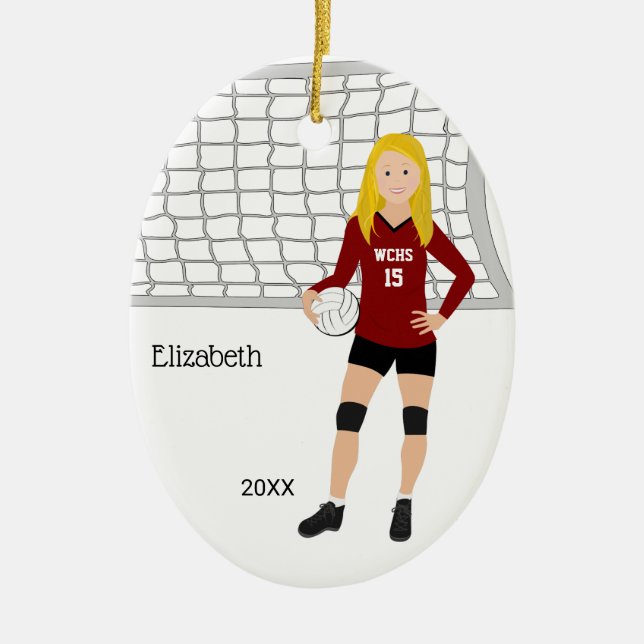 Volleyball Weibliche Blonde Rot & Schwarz Keramik Ornament (Vorne)