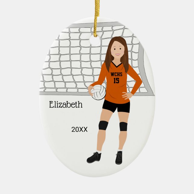 Volleyball Weibliche Brünette Orange und Schwarz Keramik Ornament (Vorne)