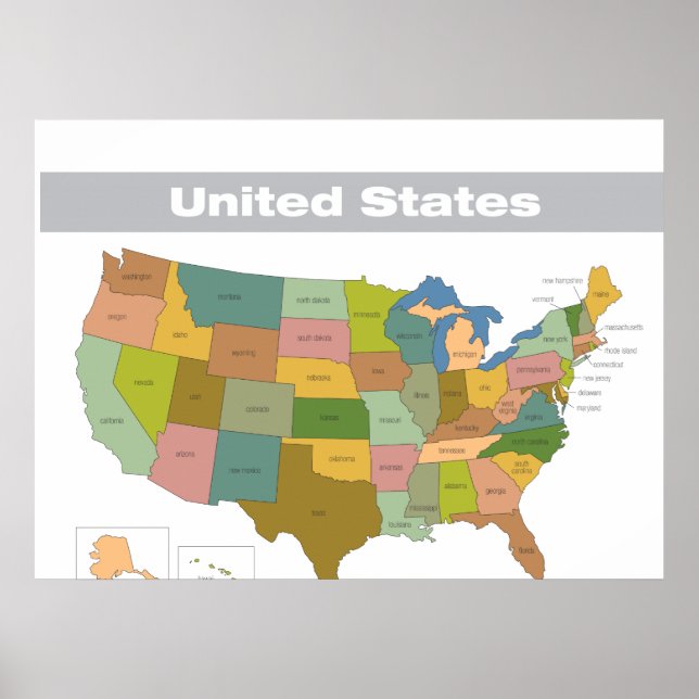 Vollfarbige Karte der Staaten Poster (Vorne)
