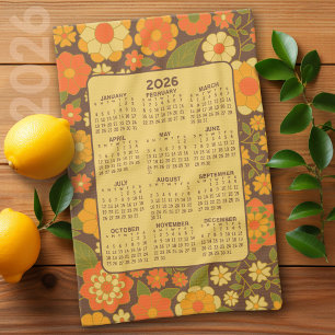 Volljähriger Kalender - Retro-Blume - Grün braun Geschirrtuch