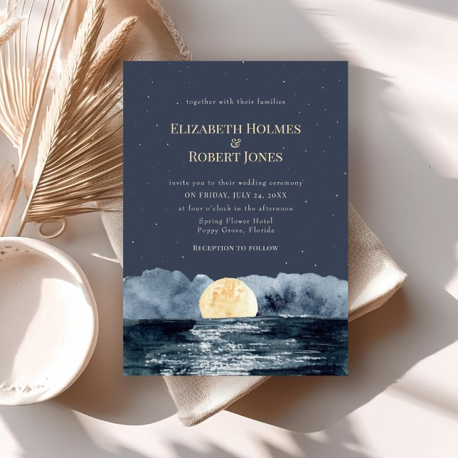 Vollmond am See Einladung zur Hochzeit (Full Moon on Lake Wedding Invitation on a boho table.)